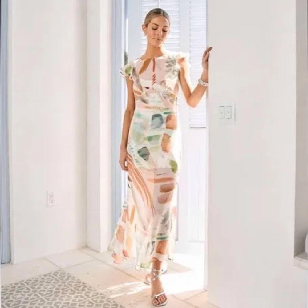 Antonio Melani, sheer floral asymmetric tea dress
